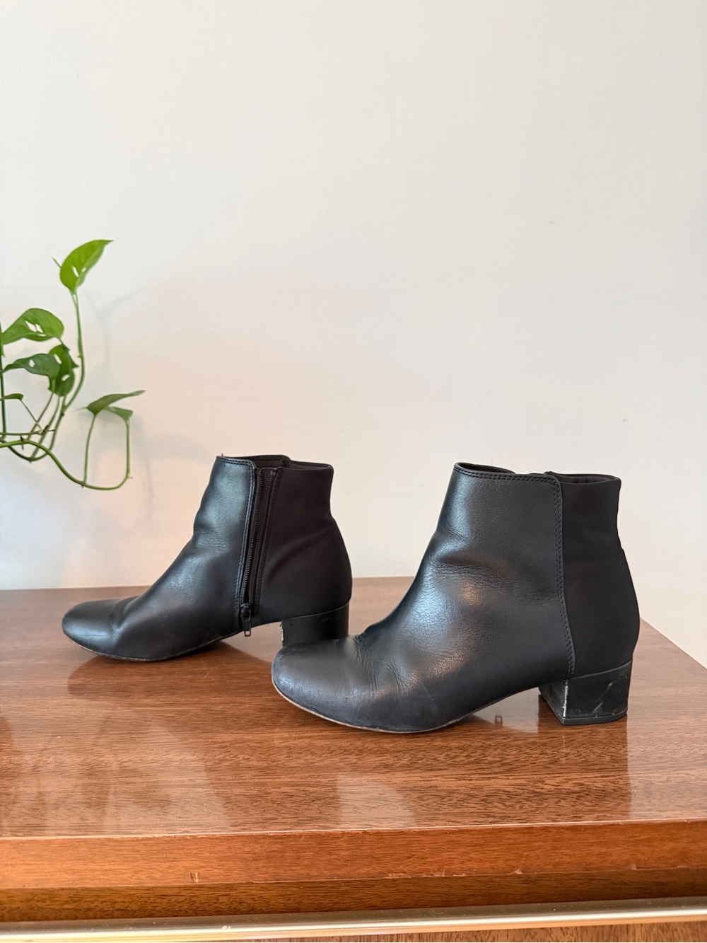 Clarks Black Leather Ankle Booties with Low Block Heel